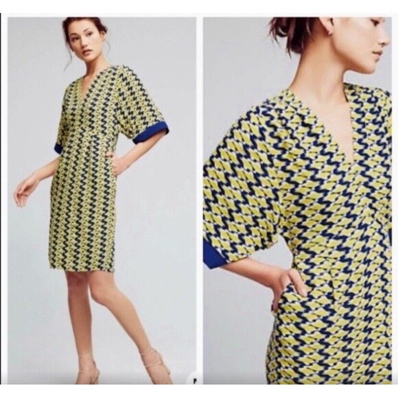 Anthropologie Maeve Dress Size 4 Mirabilis Kimono Sleeve Yellow Blue Geometric - Picture 1 of 16